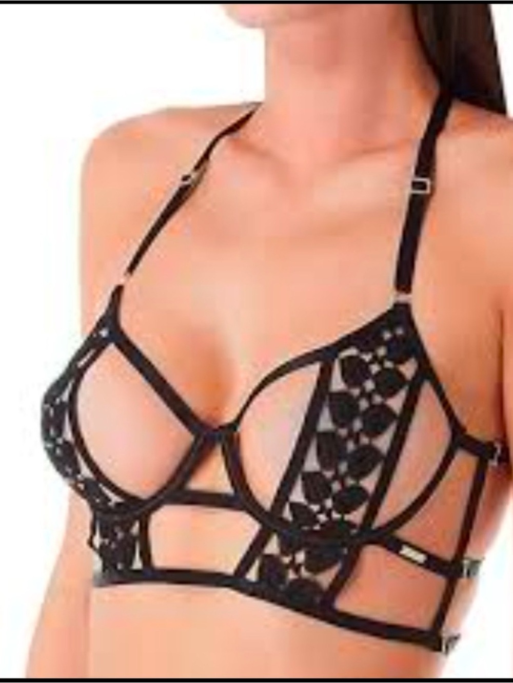 NWT BLUEBELLA Sheer Black Lace Strappy longline underwire bra 34DD